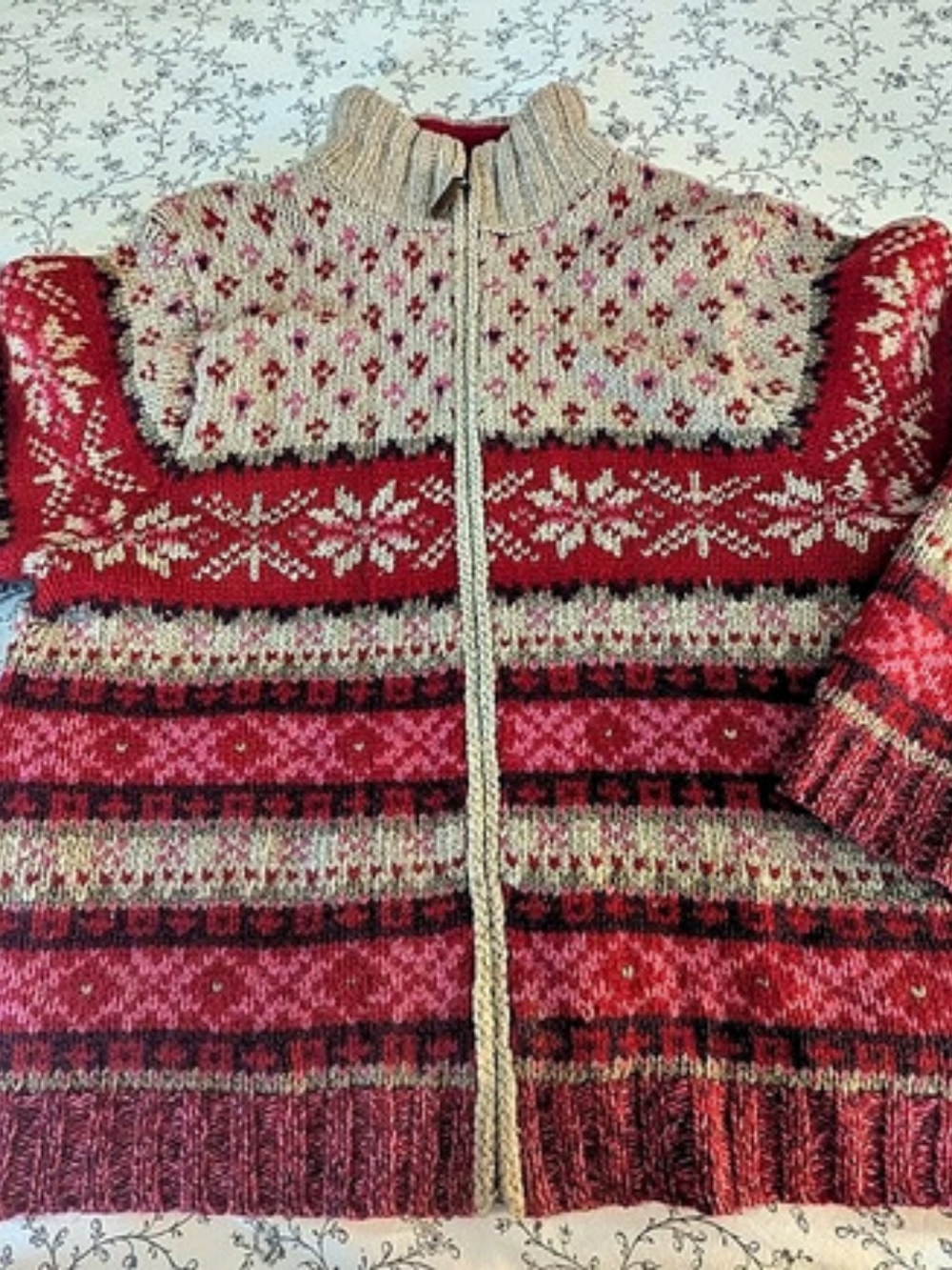 Eddie Bauer Fair Isle Zip Cardigan Red, Pink & Beige Large